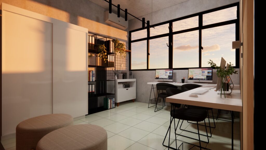 Render de um Projeto de Interiores com ambiente empresarial feito pela EMPEC